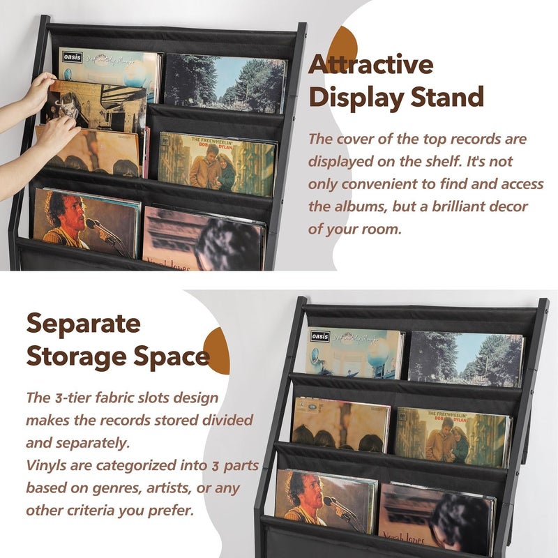 Keebofly Vinyl Record Storage, Record Holder Up to 200 Albums, Record Stand with 3 Tier Holder Display Shelf, Movable Vinyl Storage Organizer Rack, Record Cabinet for Book Magazine Turntable - Image 4
