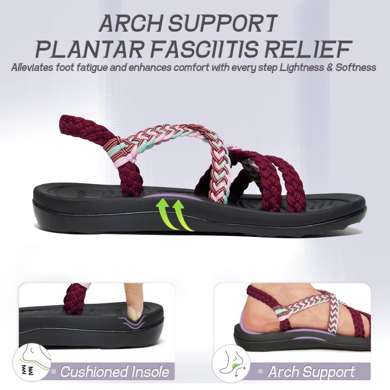 MEGNYA Women's Athletic Sport Shoes for Beach, Lightweight Braided Slide Sandals with Arch Support, Comfortable Walking Sandals for Outdoor Activieies Bordeaux Pink Size 8 - Image 3