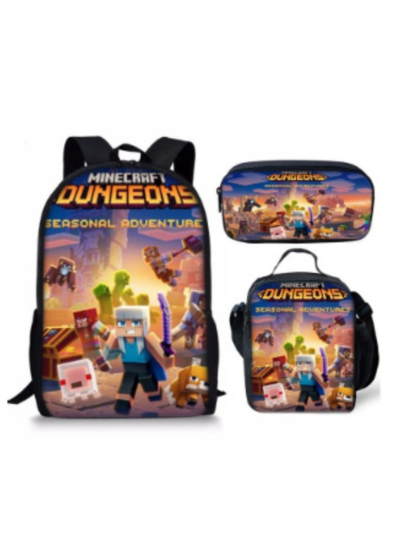 ماين كرافت حقيبة ظهر ذات طباعة رقمية ذات سعة كبيرة، مجموعة من ثلاث قطع، حقيبة غداء، حقيبة قلم، بوليستر، حقيبة ظهر مريحة لتقليل الحمل للطلاب والأطفال للجنسين - Image 1