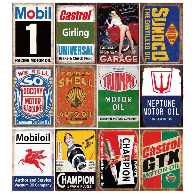 PeisTin 12 Pieces Gas and Oil Tin Signs  Retro Vintage Metal Sign for Home Man Cave Garage  8x12 Inch/20x30cm - Image 1