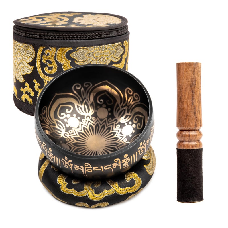 HIMALAYAN BAZAAR Tibetan Singing Bowl Set - 4" Easy To Play Authentic Handmade For Meditation Sound 7 Chakra Healing By HIMALAYAN BAZAAR (Black with Box, 4") - Image 1