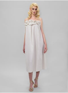 BITOLIA GALLERY Medium Ivory Linen Dress with Spaghetti Strap and Frills  - Image 1