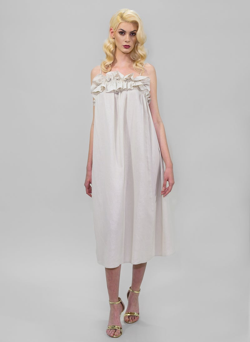 BITOLIA GALLERY Medium Ivory Linen Dress with Spaghetti Strap and Frills - Image 1