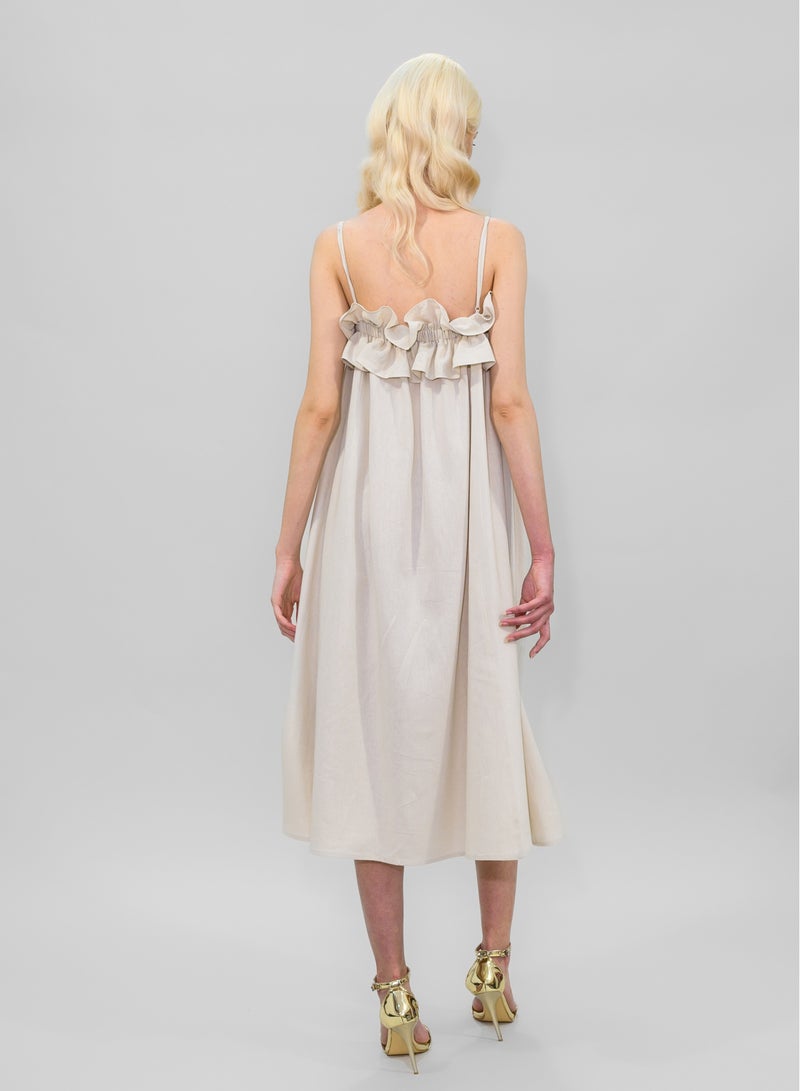 BITOLIA GALLERY Medium Ivory Linen Dress with Spaghetti Strap and Frills - Image 2