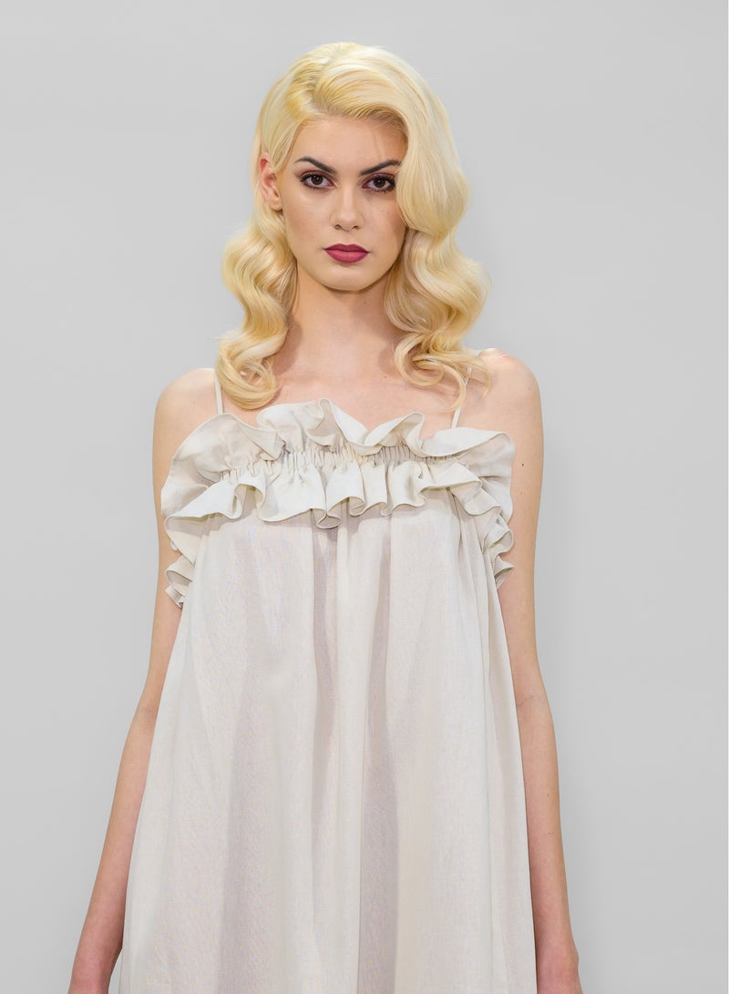 BITOLIA GALLERY Medium Ivory Linen Dress with Spaghetti Strap and Frills - Image 5