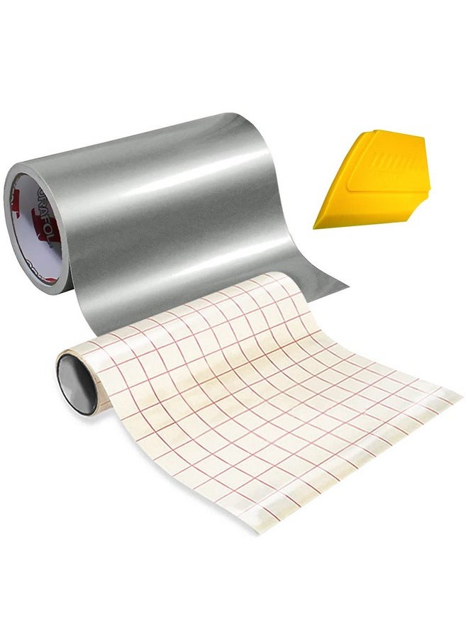ORACAL 651 High Gloss Silver Metallic Craft Adhesive Vinyl Roll W/Free 12 Inch By 24 Inch Roll Of Transfer Paper And Hard Yellow Detailer Squeegee (6Ft X 1Ft)  - Image 1