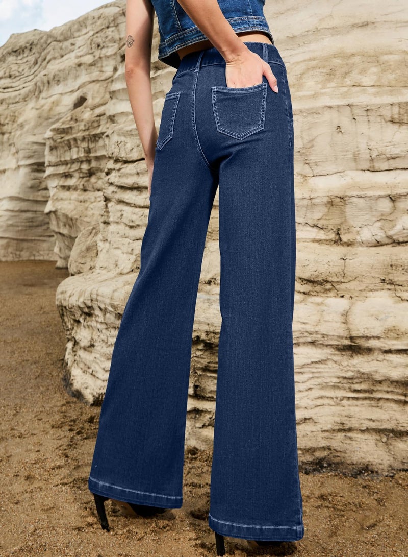 Sidefeel Womens Wide Leg Jeans Casual Baggy High Waisted Stretch Denim Pants Size 14 Deep Blue - Image 2