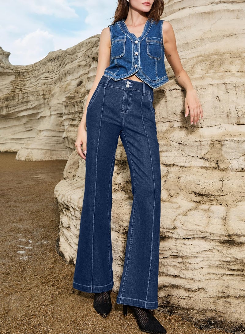 Sidefeel Womens Wide Leg Jeans Casual Baggy High Waisted Stretch Denim Pants Size 14 Deep Blue - Image 3