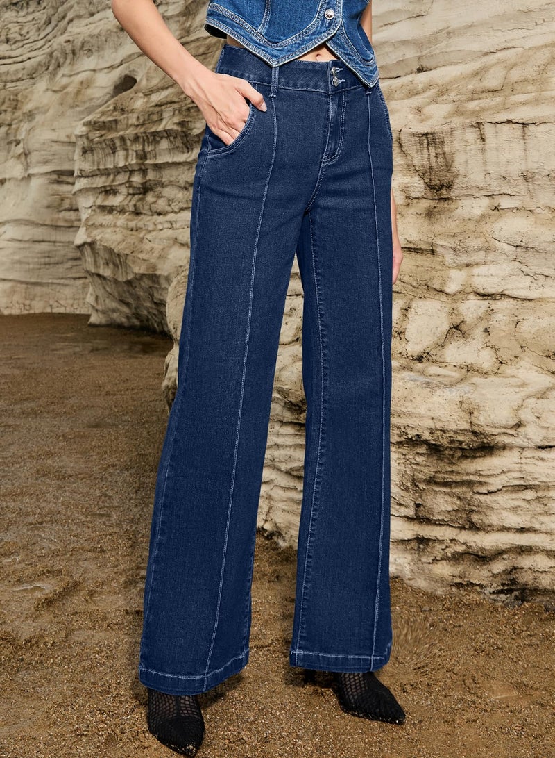 Sidefeel Womens Wide Leg Jeans Casual Baggy High Waisted Stretch Denim Pants Size 14 Deep Blue - Image 4