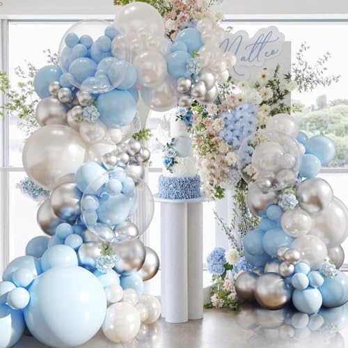 NUTTYBASH Blue and Silver Balloon Arch Kit Blue Pearl White Clear Balloon Garland Kit for Wedding Birthday Baby Shower Gender Reveal Bridal Engagements Decorations - Image 5