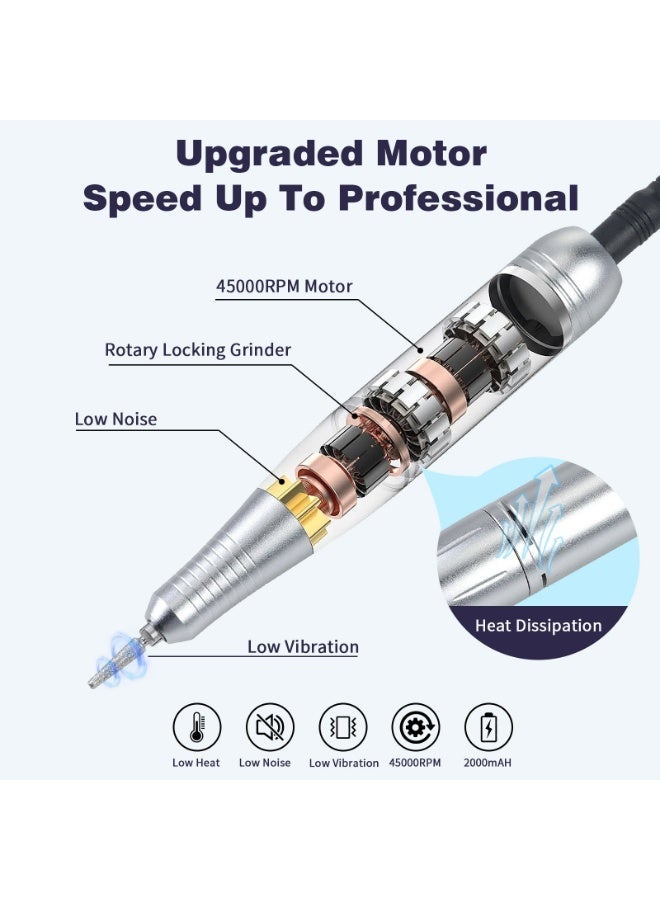 Electric Nail Drill Professional 45000RPM, Rechargeable Nail File Machine with 6Bits & 6 Sanding Bands, Portable E-File for Acrylic Gel Nails, Manicure Pedicure Kit. - Image 4