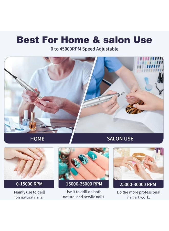 Electric Nail Drill Professional 45000RPM, Rechargeable Nail File Machine with 6Bits & 6 Sanding Bands, Portable E-File for Acrylic Gel Nails, Manicure Pedicure Kit. - Image 2