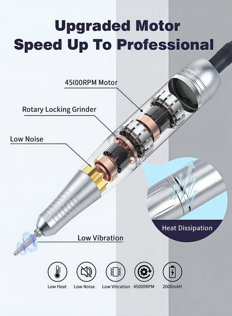 Electric Nail Drill Professional 45000RPM, Rechargeable Nail File Machine with 6 Bits & 6 Sanding Bands, Portable E-File for Acrylic Gel Nails, Manicure Pedicure Kit. - Image 3