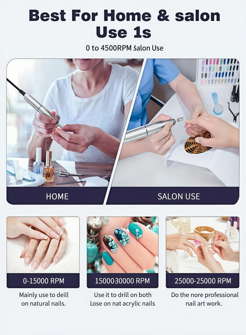Electric Nail Drill Professional 45000RPM, Rechargeable Nail File Machine with 6 Bits & 6 Sanding Bands, Portable E-File for Acrylic Gel Nails, Manicure Pedicure Kit. - Image 5