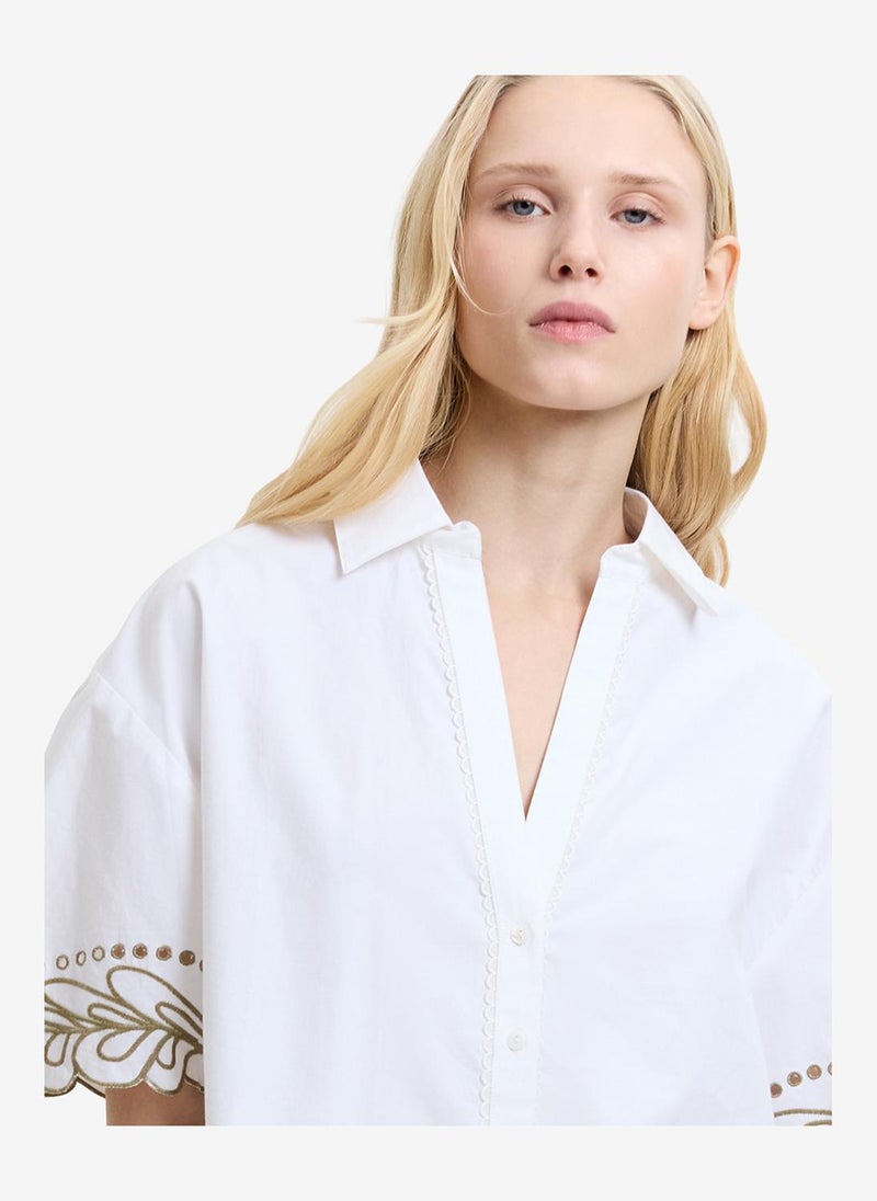 French Connection Women's Linen White/Sage Alissa Cotton Trim Shirt - Image 5