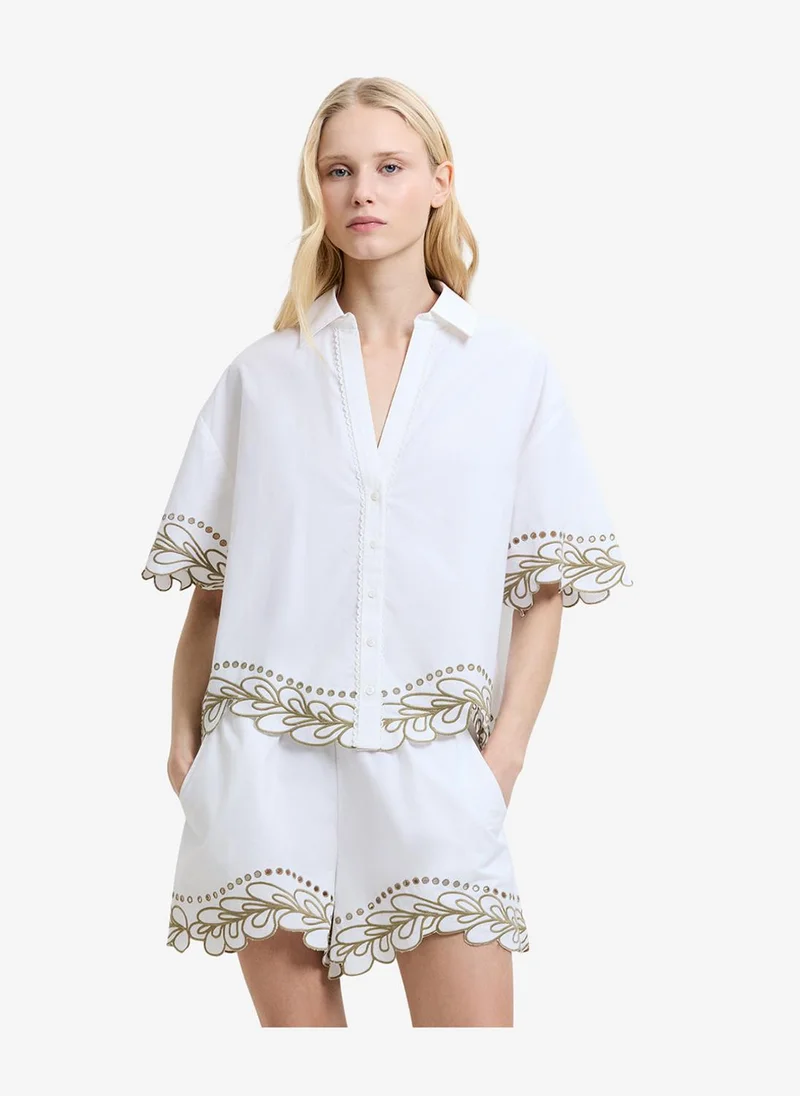 فرنش كونكشن Women's Linen White/Sage Alissa Cotton Trim Shirt