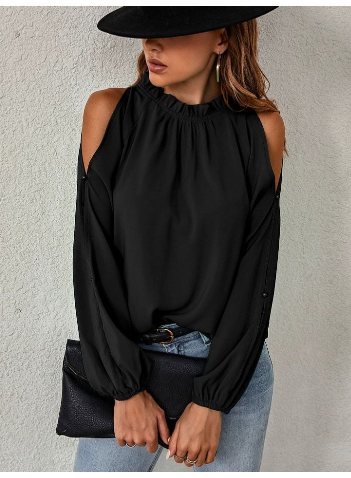 general lotus leaf half-neck high-collared long-sleeved pleated loose-shoulder blouse - Image 1