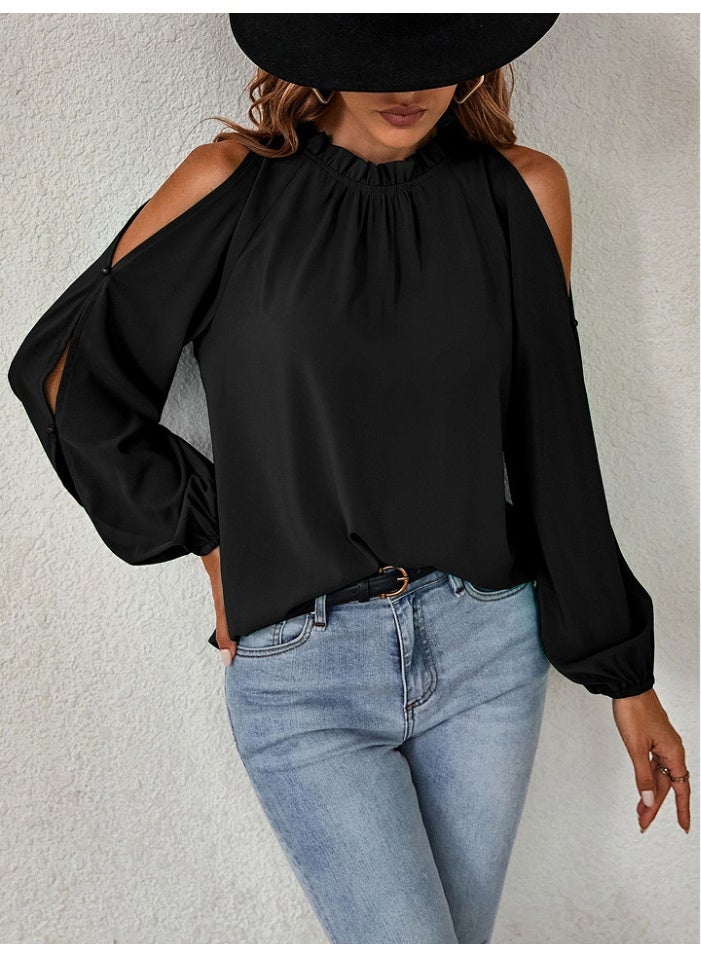 general lotus leaf half-neck high-collared long-sleeved pleated loose-shoulder blouse - Image 2