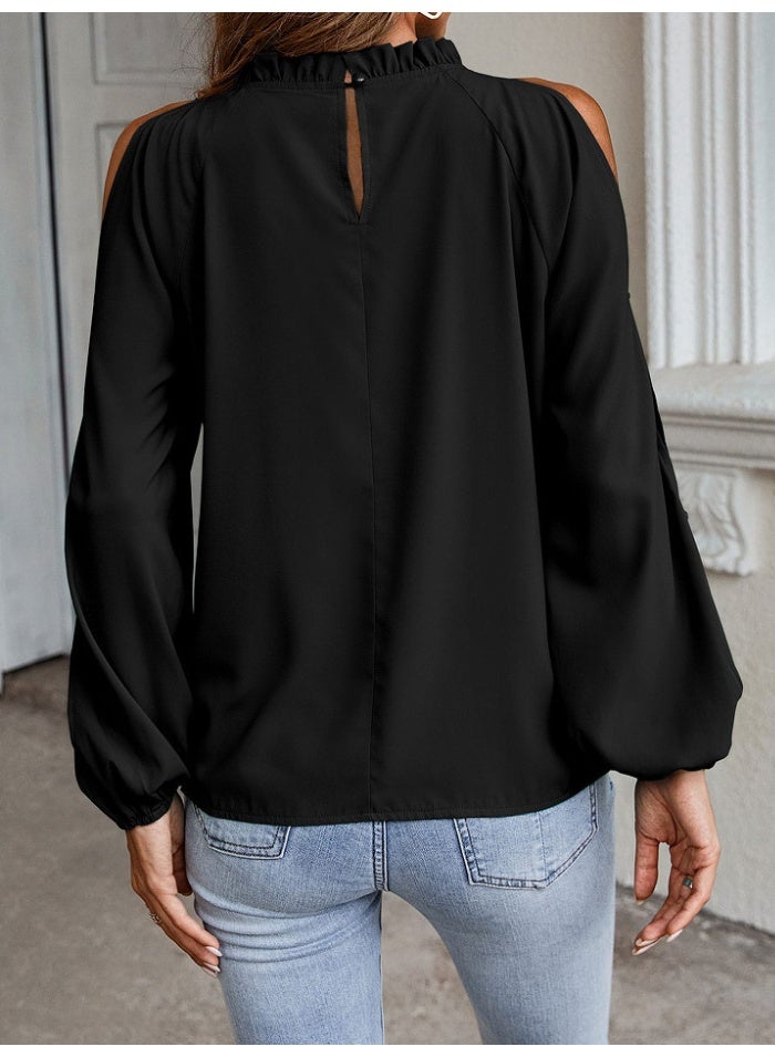 general lotus leaf half-neck high-collared long-sleeved pleated loose-shoulder blouse - Image 3