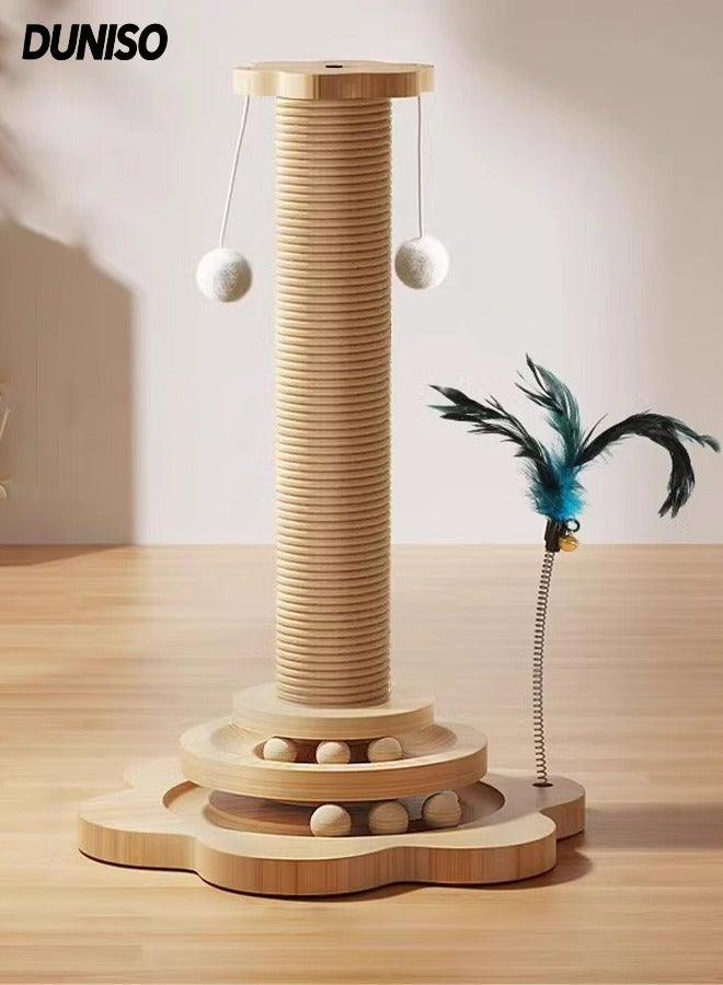 DUNISO Wooden Cat Scratching Post,Cat Scratcher with 2 Sisal Hanging Balls ,2 Level Cat TrackBalls and Interactive Feather Toy for Indoor Cats - Image 1