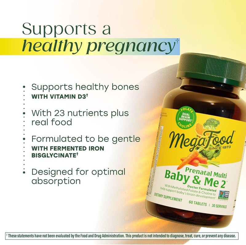 MegaFood Baby & Me 2 Prenatal Multi - Prenatal Vitamins for Mom & Developing Baby - 60 Tablets - Image 5
