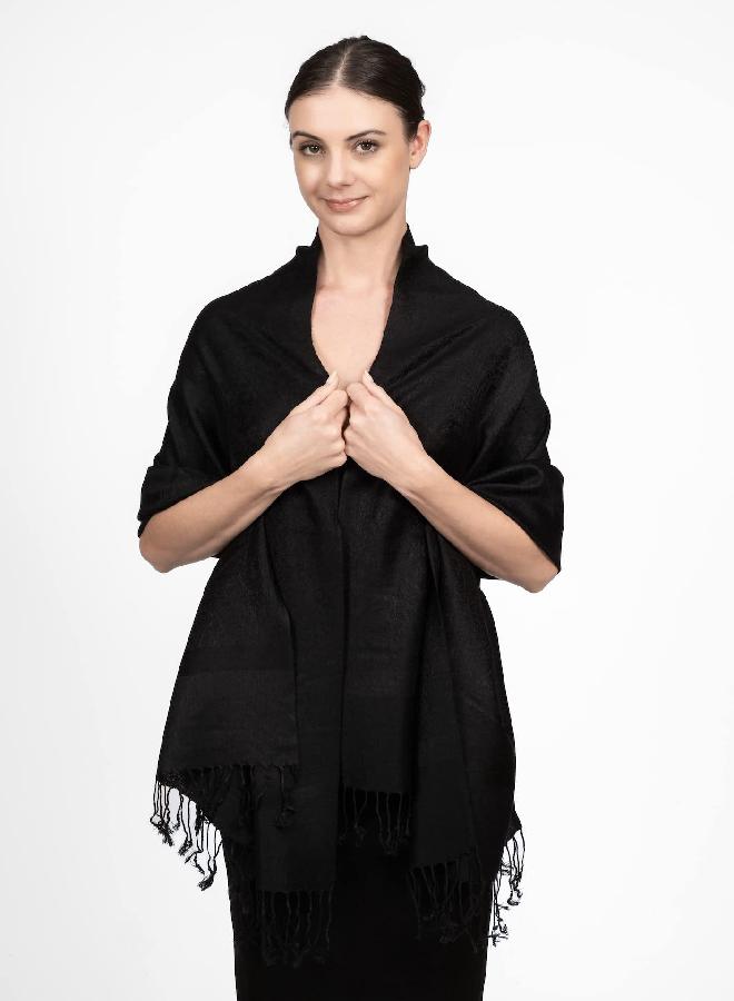 Achillea Two Tone Vintage Jacquard Paisley Pashmina Shawl Wrap Scarf (Black) - Image 2