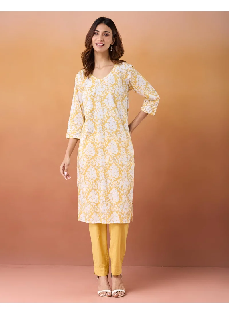 Fabindia Avni Yellow Cotton Printed Kurta Set