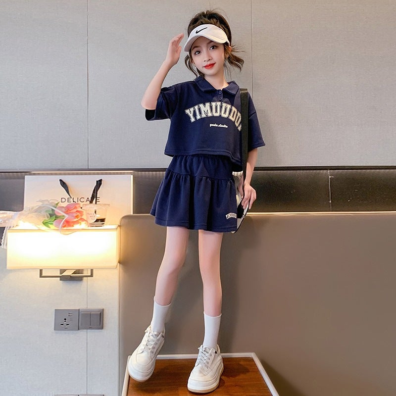 Girls short skirt suit 2024 Summer new medium and large childrens fashionable letter lapel polo shirt pettiskirt two-piece set Navy blue