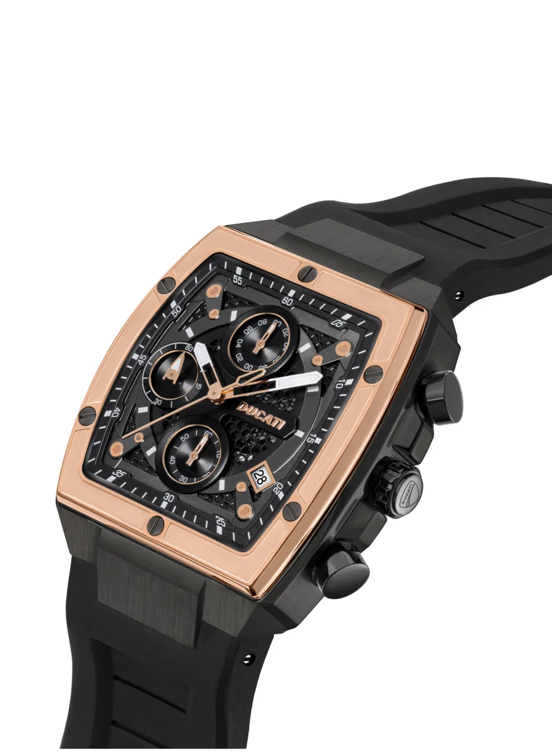 دوكاتي Ducati DT008 Chronograph Watch – Black Dial, Bold Rose Gold Accents, Screw-Detail Case, 40mm Silicone Strap, Water Resistant 50M, Multi-Layered Design