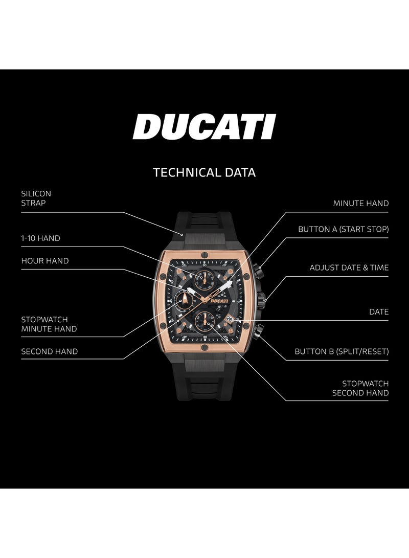 Ducati Ducati DT008 Chronograph Watch – Black Dial, Bold Rose Gold Accents, Screw-Detail Case, 40mm Silicone Strap, Water Resistant 50M, Multi-Layered Design - Image 4