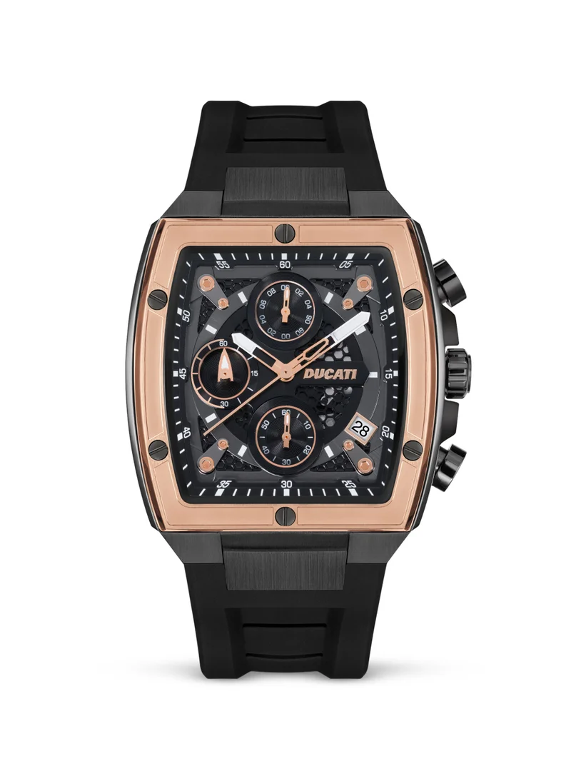 دوكاتي Ducati DT008 Chronograph Watch – Black Dial, Bold Rose Gold Accents, Screw-Detail Case, 40mm Silicone Strap, Water Resistant 50M, Multi-Layered Design