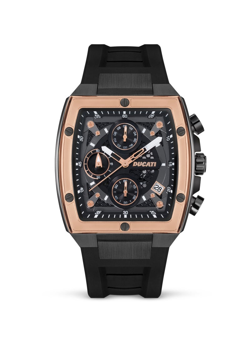 Ducati Ducati DT008 Chronograph Watch – Black Dial, Bold Rose Gold Accents, Screw-Detail Case, 40mm Silicone Strap, Water Resistant 50M, Multi-Layered Design - Image 1
