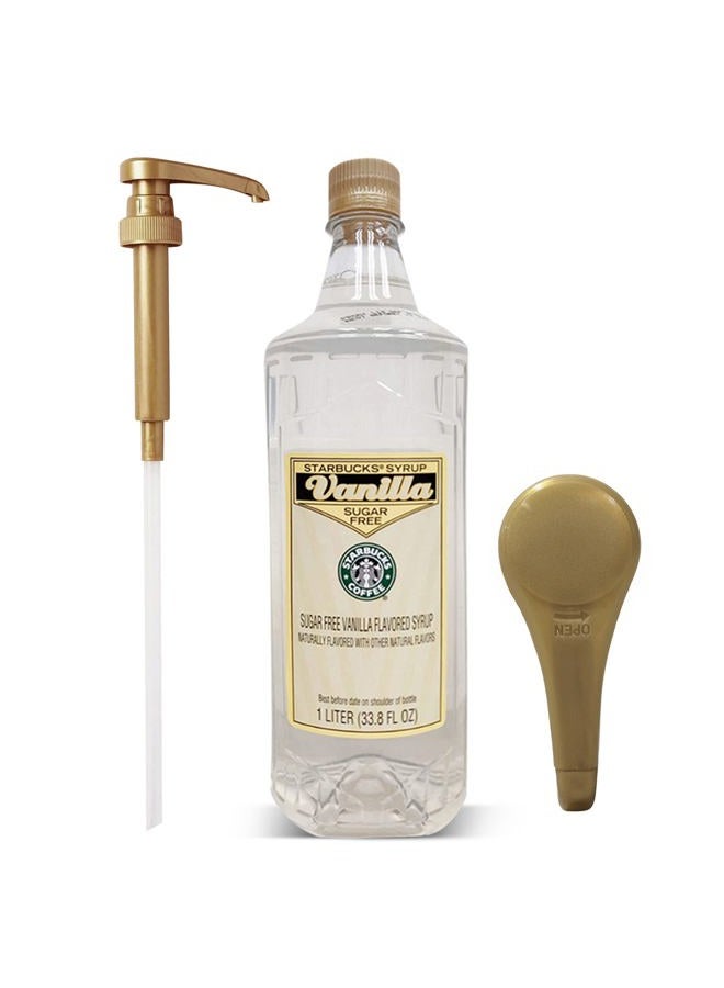 Starbucks زجاجة شراب الفانيليا الخالية من السكر 33 أونصة للقهوة والشاي مع مضخة شراب القهوة الذهبية - Image 1