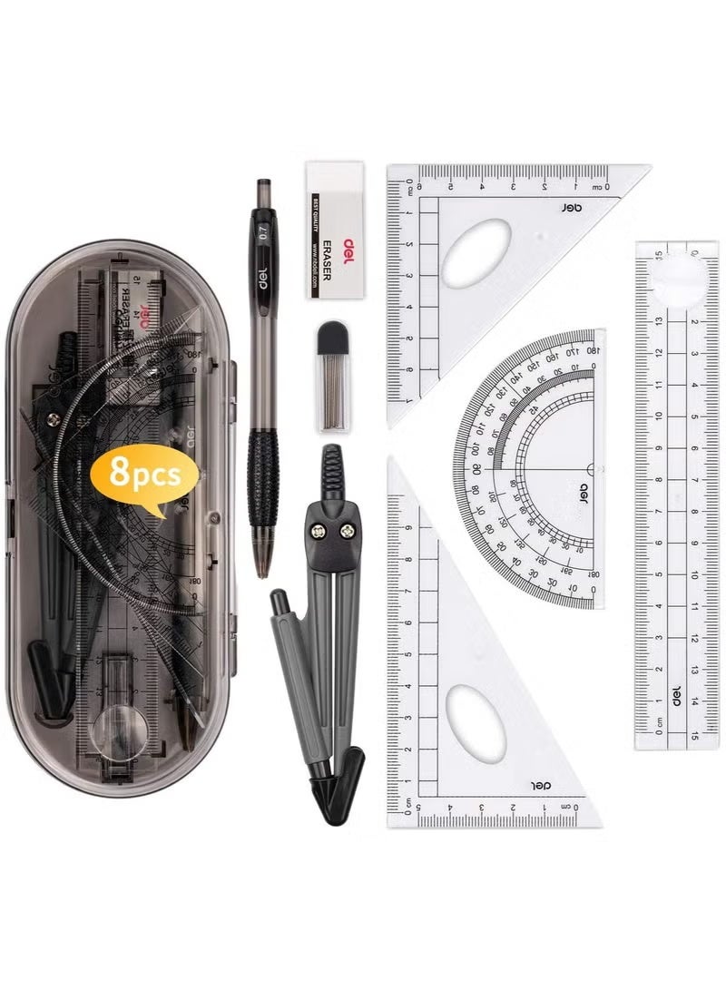 ديلي مجموعة أدوات الرياضيات من 8 قطع، مجموعات بوصلة هندسية، أدوات مكتبية للامتحان، حافظة أقلام، أدوات تعليمية للرياضيات، مجموعة بوصلة رسم ومنقلة، عبوات إعادة تعبئة لرصاص أقلام الرصاص، قلم رصاص، ممحاة، مسطرة للمدرسة - Image 1