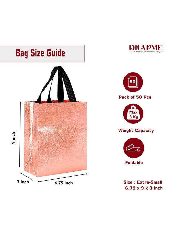 Drapme Extra-Small Size Pack of 50 Pcs Glossy Metallic Laminated Non-Woven Reusable Eco-Friendly Party Return Gift Bags (Rose Gold) (Extra-Small 6.75x9x3 Inch) - Image 2