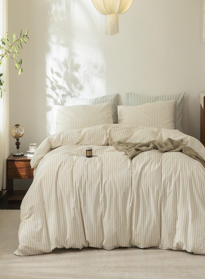 FOSSA Striped Duvet Cover Set 100% Washed Cotton Linen Feel Super Soft Breathable Cozy 3 Pieces Bedding Sets Almond Milk Grey Classic Stripes Queen - Image 1