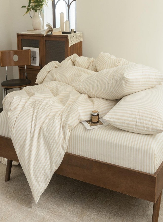 FOSSA Striped Duvet Cover Set 100% Washed Cotton Linen Feel Super Soft Breathable Cozy 3 Pieces Bedding Sets Almond Milk Grey Classic Stripes Queen - Image 5