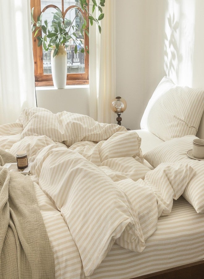 FOSSA Striped Duvet Cover Set 100% Washed Cotton Linen Feel Super Soft Breathable Cozy 3 Pieces Bedding Sets Almond Milk Grey Classic Stripes Queen - Image 2