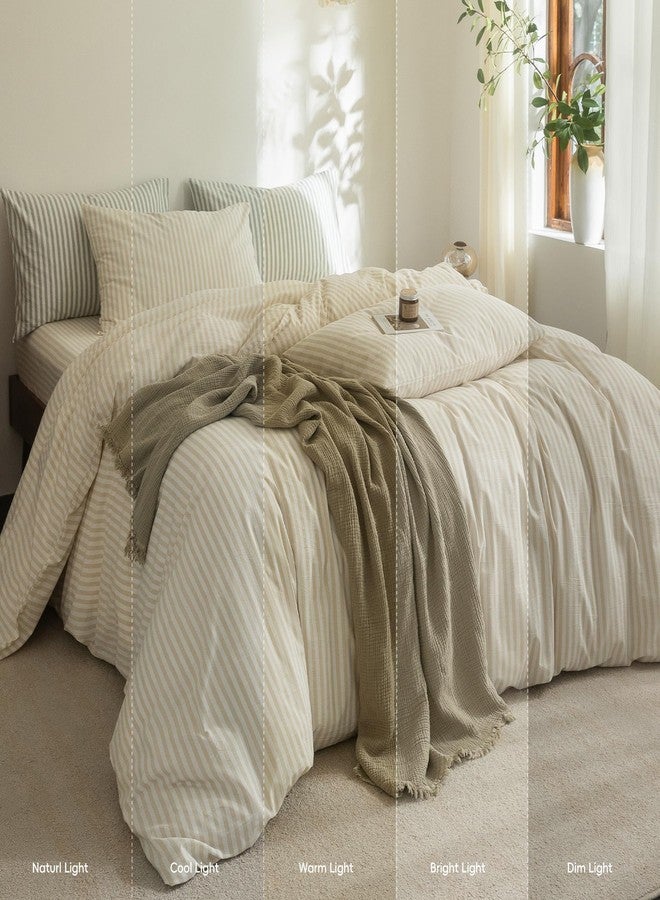 FOSSA Striped Duvet Cover Set 100% Washed Cotton Linen Feel Super Soft Breathable Cozy 3 Pieces Bedding Sets Almond Milk Grey Classic Stripes Queen - Image 3
