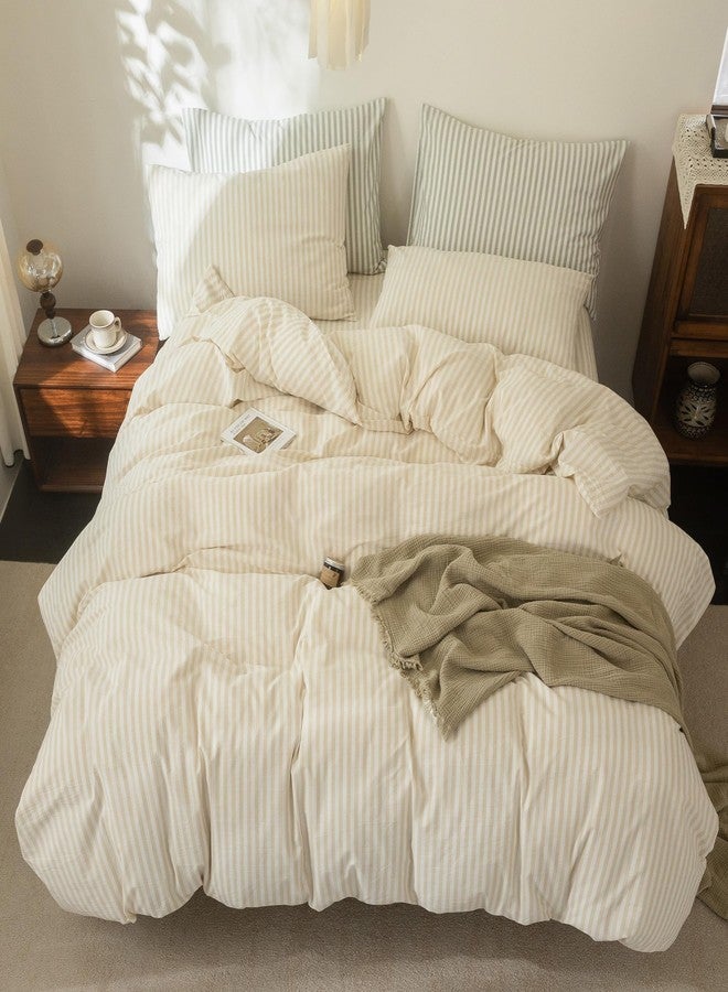 FOSSA Striped Duvet Cover Set 100% Washed Cotton Linen Feel Super Soft Breathable Cozy 3 Pieces Bedding Sets Almond Milk Grey Classic Stripes Queen - Image 4