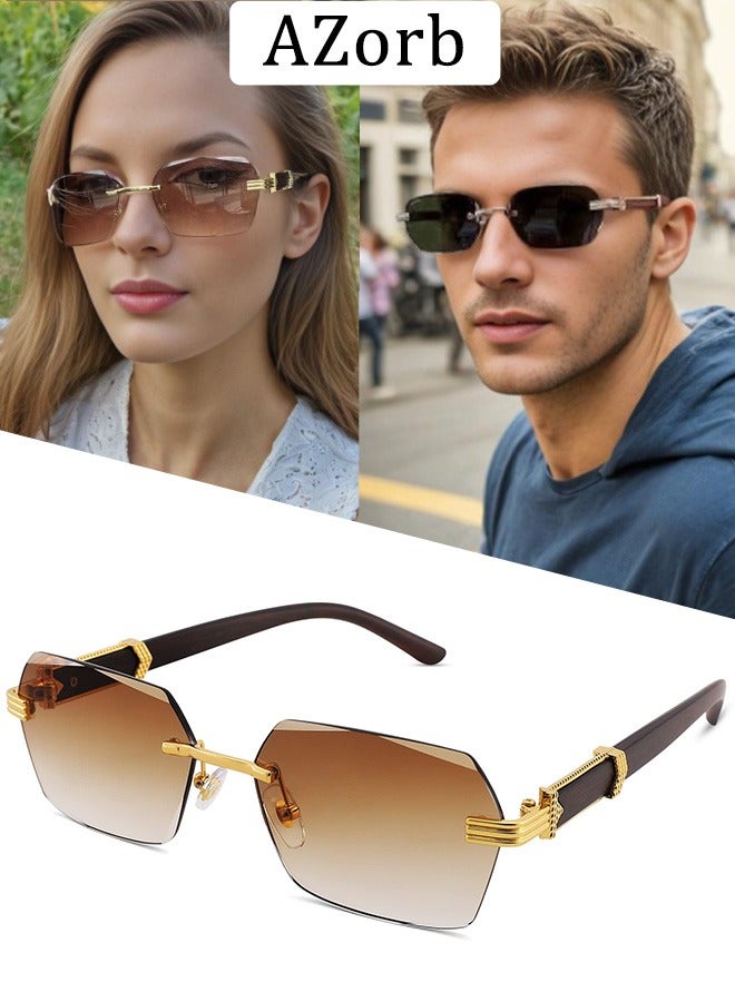 AZorb Rimless Sunglasses Women Men Wood Grain Frameless Fashion Sun Glassess Mens Womens Rectangle Men's Sunglasses Ladies Sunglass Vintage Eyewear UV400 Protection Shades Tinted Gradient Lens Brown - Image 1