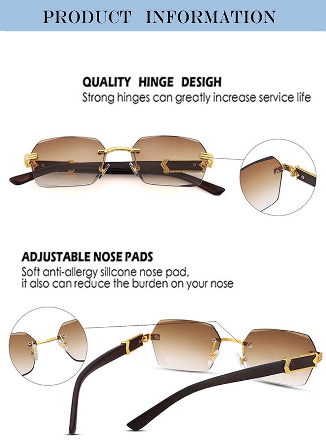 AZorb Rimless Sunglasses Women Men Wood Grain Frameless Fashion Sun Glassess Mens Womens Rectangle Men's Sunglasses Ladies Sunglass Vintage Eyewear UV400 Protection Shades Tinted Gradient Lens Brown - Image 2