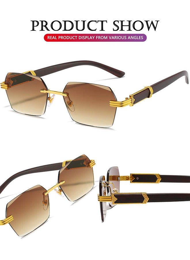 AZorb Rimless Sunglasses Women Men Wood Grain Frameless Fashion Sun Glassess Mens Womens Rectangle Men's Sunglasses Ladies Sunglass Vintage Eyewear UV400 Protection Shades Tinted Gradient Lens Brown - Image 4