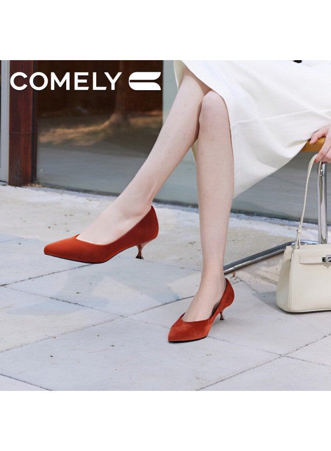 Comely 25-year Spring Fine Heel Sheepskin Pointed Toe Wedding Shoes Orange 38 - Image 2