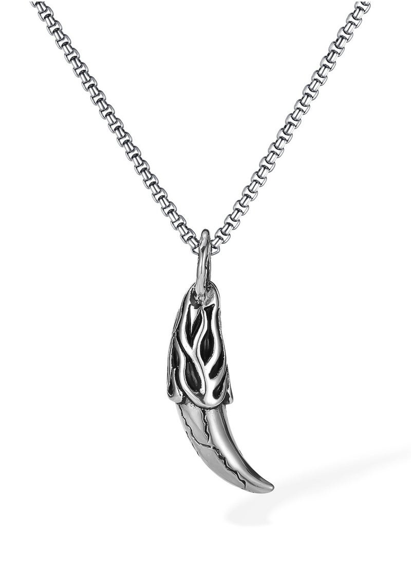 Generic Flame Fang Silver Necklace for Men - Edgy Stainless Steel Gothic Punk Jewelry - Dragon Tooth Inspired Pendant with Adjustable Chain - Biker Rocker Streetwear Accessory 