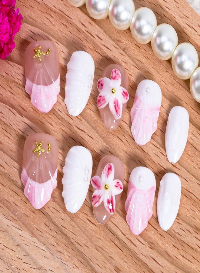 KRTBKR 10Pcs Summer Flower Press on Nails Short Almond Fake Nails Gold Shell Starfish Rhinestones Designs Full Cover Artificial Reusable Cute Handmade False Nails for Women Girls Acrylic Nails Accessories - Image 2