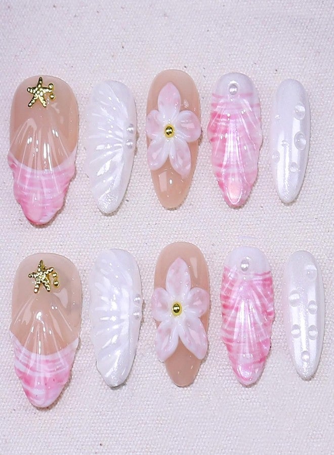 KRTBKR 10Pcs Summer Flower Press on Nails Short Almond Fake Nails Gold Shell Starfish Rhinestones Designs Full Cover Artificial Reusable Cute Handmade False Nails for Women Girls Acrylic Nails Accessories - Image 1