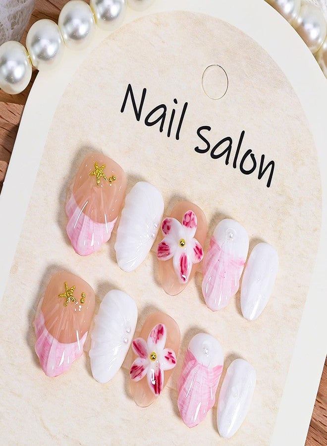 KRTBKR 10Pcs Summer Flower Press on Nails Short Almond Fake Nails Gold Shell Starfish Rhinestones Designs Full Cover Artificial Reusable Cute Handmade False Nails for Women Girls Acrylic Nails Accessories - Image 3