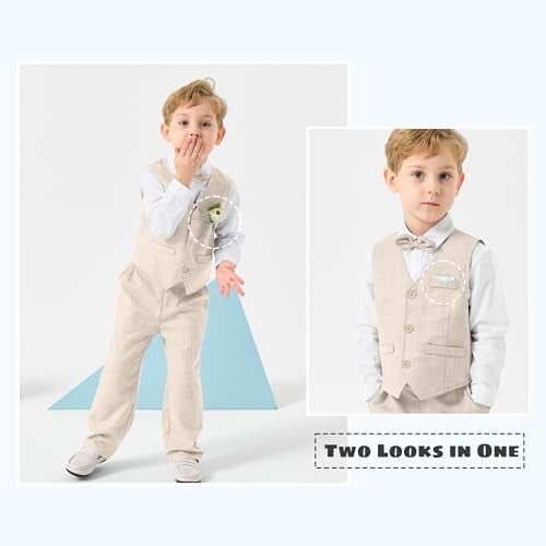 Volunboy Baby Boy Vest Pants Set 12 Months Beige Formal Bowtie Outfits Gentleman Wedding Guest Suits Birthday Long Sleeve Tuxedo Beige 1218 Months - Image 3