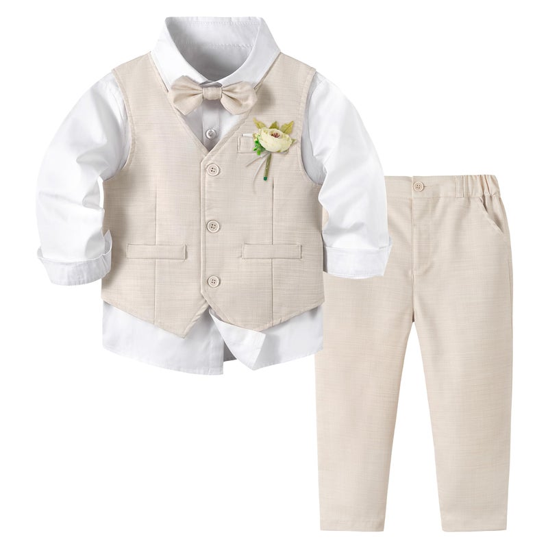 Volunboy Baby Boy Vest Pants Set 12 Months Beige Formal Bowtie Outfits Gentleman Wedding Guest Suits Birthday Long Sleeve Tuxedo Beige 1218 Months - Image 2